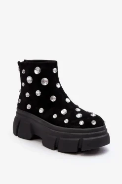 Outlet Damskie buty S.Barski Zamszowe Ocieplane Botki Z Kryształkami D&A MR52-205 Czarne Czarny