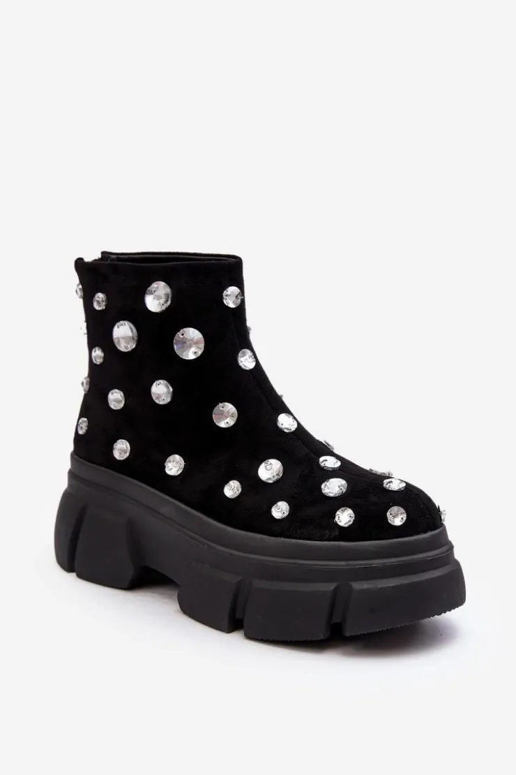 Outlet Damskie buty S.Barski Zamszowe Ocieplane Botki Z Kryształkami D&A MR52-205 Czarne Czarny