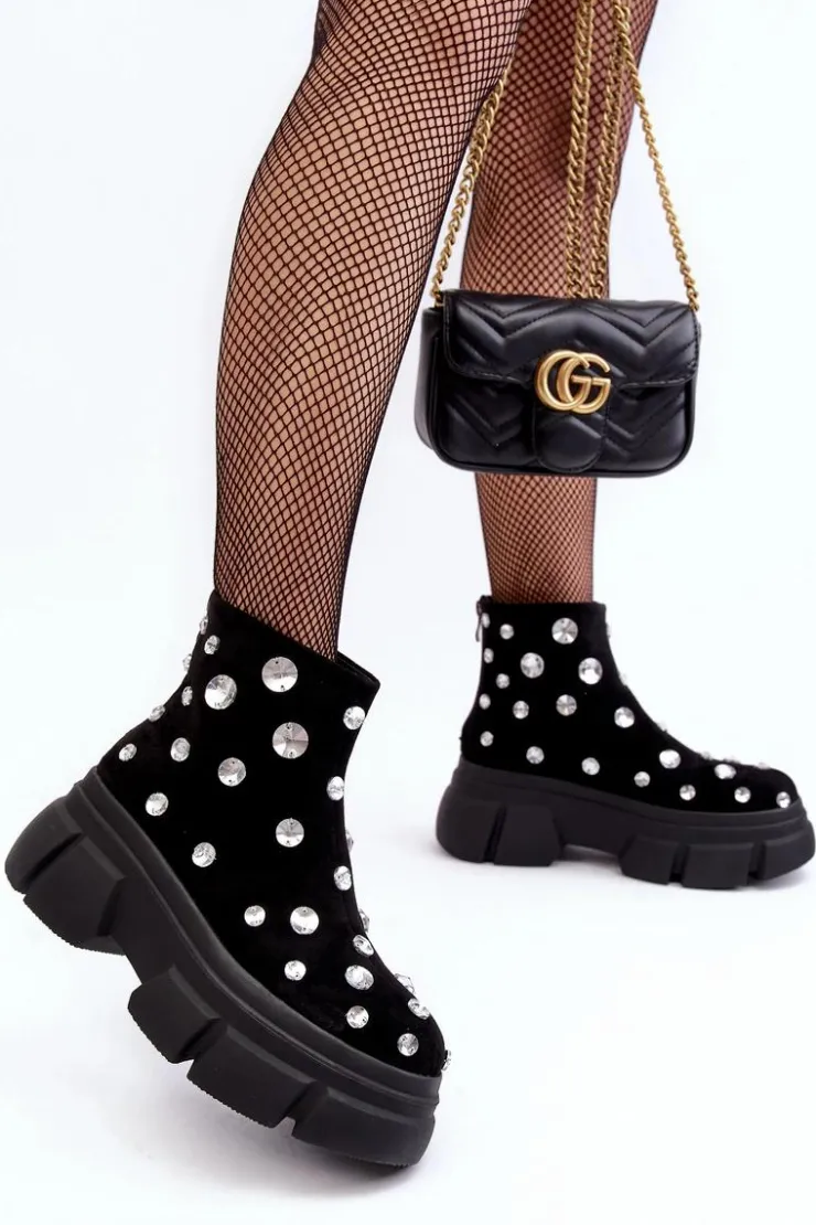 Outlet Damskie buty S.Barski Zamszowe Ocieplane Botki Z Kryształkami D&A MR52-205 Czarne Czarny