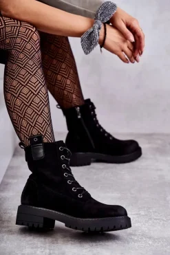 Damskie Boto Zamszowe Ocieplane Botki Sznurowane Czarne Ritta