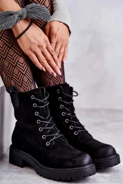 Damskie Boto Zamszowe Ocieplane Botki Sznurowane Czarne Ritta