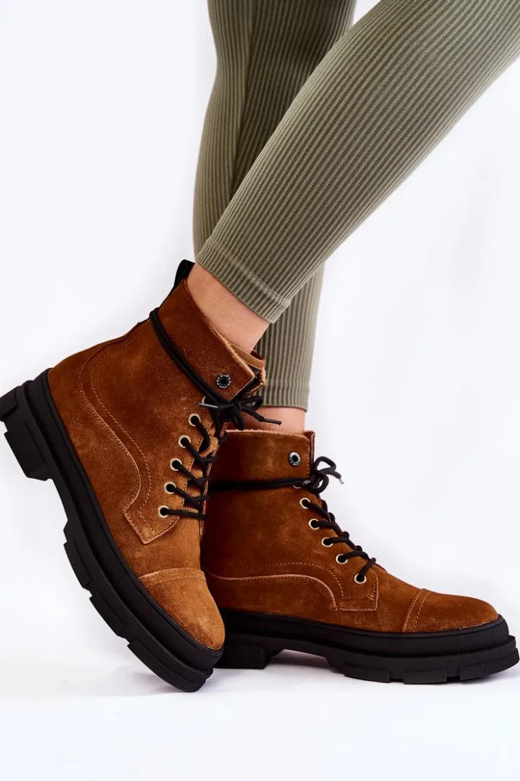 Damskie Big Star Shoes Zamszowe Ocieplane Botki Trapery Big Star KK274524 Brązowe