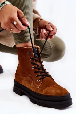 Damskie Big Star Shoes Zamszowe Ocieplane Botki Trapery Big Star KK274524 Brązowe