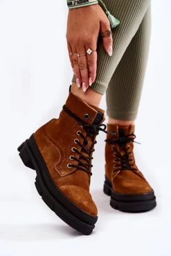 Damskie Big Star Shoes Zamszowe Ocieplane Botki Trapery Big Star KK274524 Brązowe