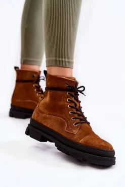 Damskie Big Star Shoes Zamszowe Ocieplane Botki Trapery Big Star KK274524 Brązowe