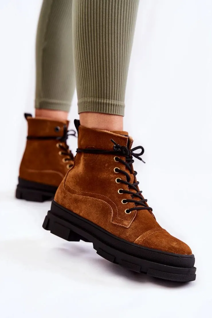 Damskie Big Star Shoes Zamszowe Ocieplane Botki Trapery Big Star KK274524 Brązowe