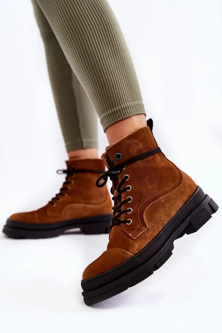 Damskie Big Star Shoes Zamszowe Ocieplane Botki Trapery Big Star KK274524 Brązowe