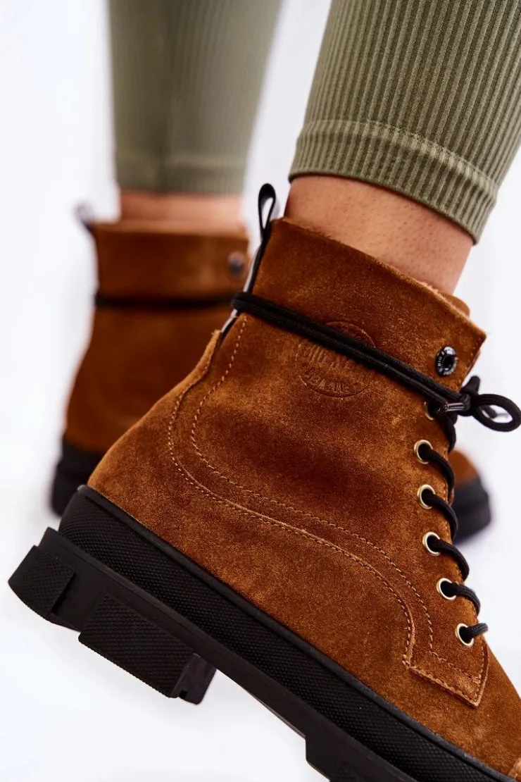 Damskie Big Star Shoes Zamszowe Ocieplane Botki Trapery Big Star KK274524 Brązowe