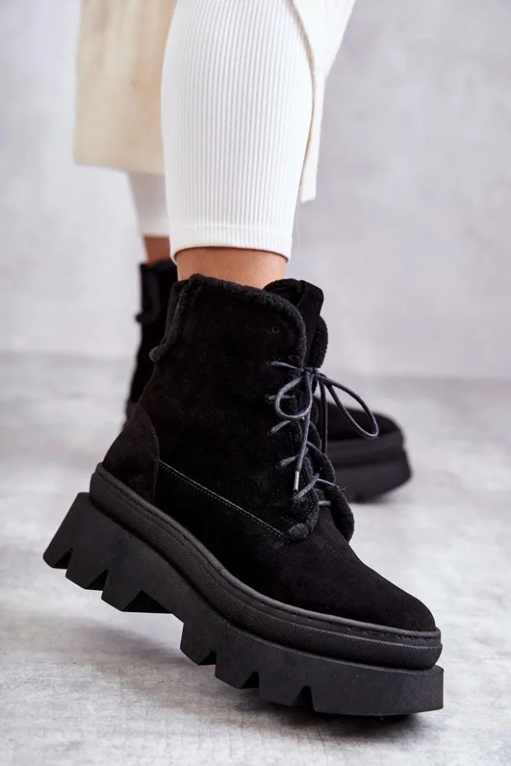 New Boto Zamszowe Ocieplane Botki Sznurowane Czarne Lemar Elisabeth Czarny