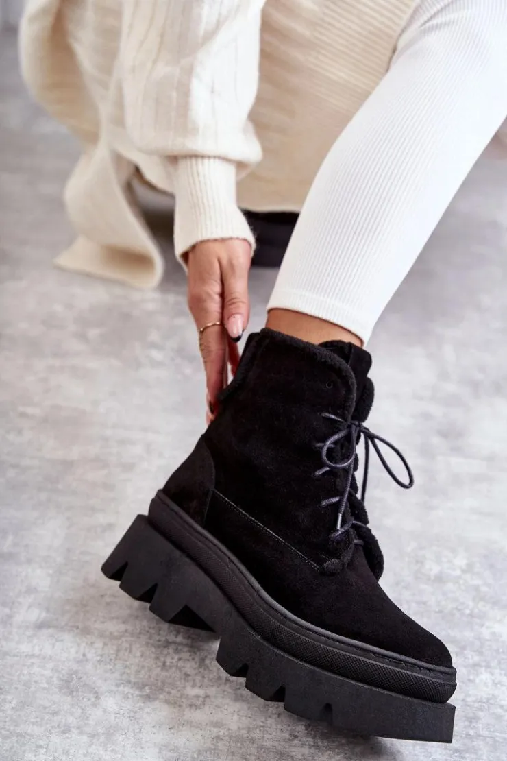 New Boto Zamszowe Ocieplane Botki Sznurowane Czarne Lemar Elisabeth Czarny