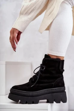 New Boto Zamszowe Ocieplane Botki Sznurowane Czarne Lemar Elisabeth Czarny