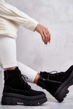 New Boto Zamszowe Ocieplane Botki Sznurowane Czarne Lemar Elisabeth Czarny