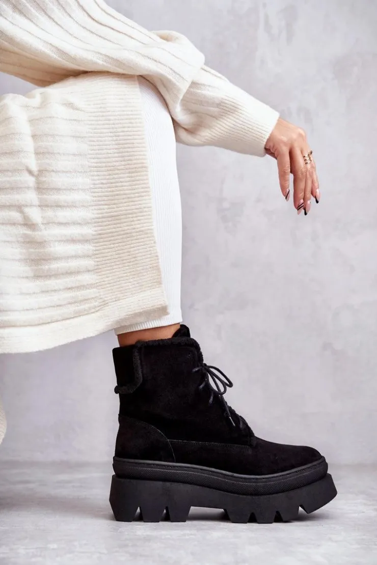 New Boto Zamszowe Ocieplane Botki Sznurowane Czarne Lemar Elisabeth Czarny