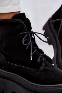 New Boto Zamszowe Ocieplane Botki Sznurowane Czarne Lemar Elisabeth Czarny