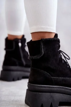 New Boto Zamszowe Ocieplane Botki Sznurowane Czarne Lemar Elisabeth Czarny