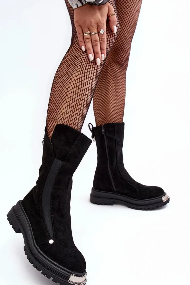 Damskie Boto Zamszowe Ocieplane Botki Na Płaskim Obcasie Czarne Palimra