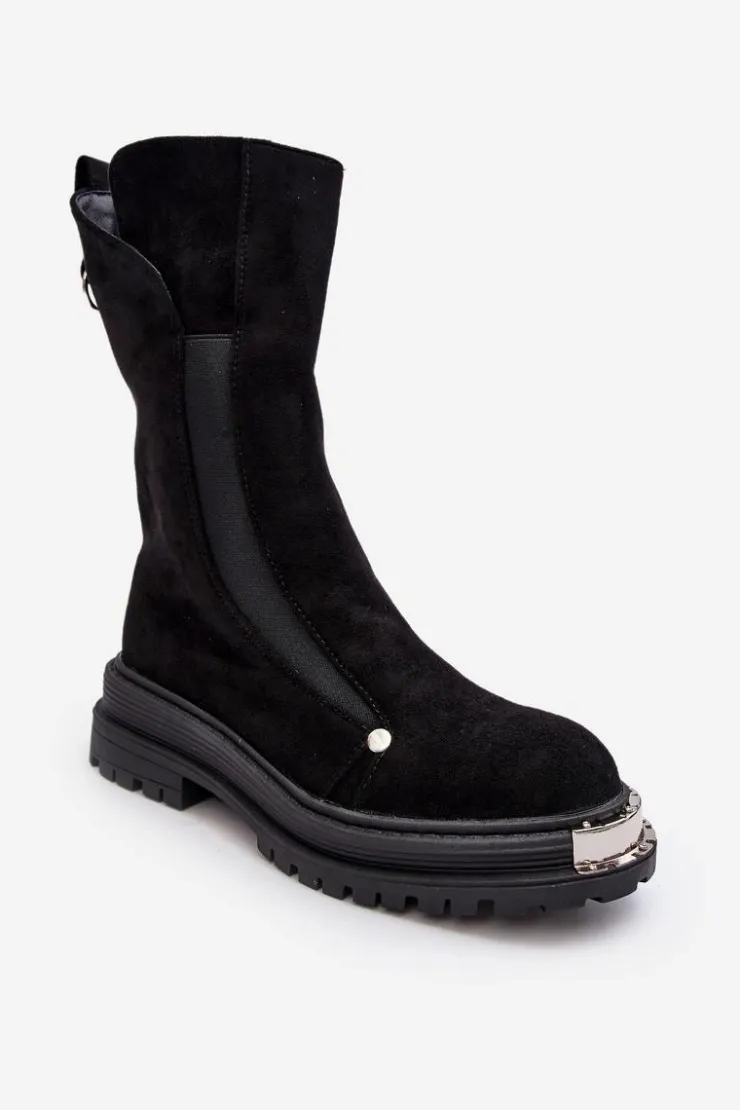 Damskie Boto Zamszowe Ocieplane Botki Na Płaskim Obcasie Czarne Palimra