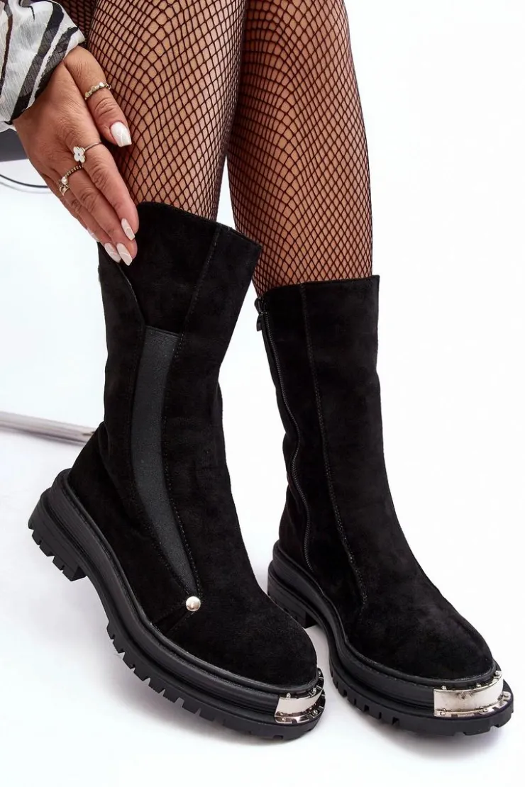 Damskie Boto Zamszowe Ocieplane Botki Na Płaskim Obcasie Czarne Palimra
