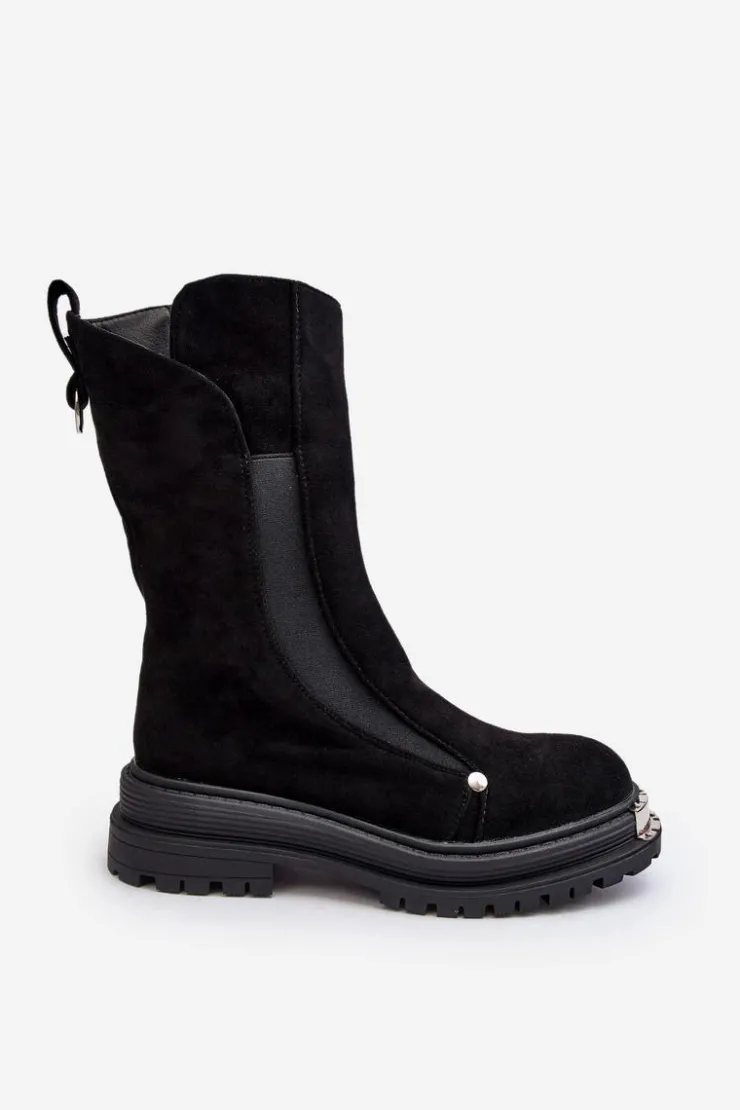 Damskie Boto Zamszowe Ocieplane Botki Na Płaskim Obcasie Czarne Palimra