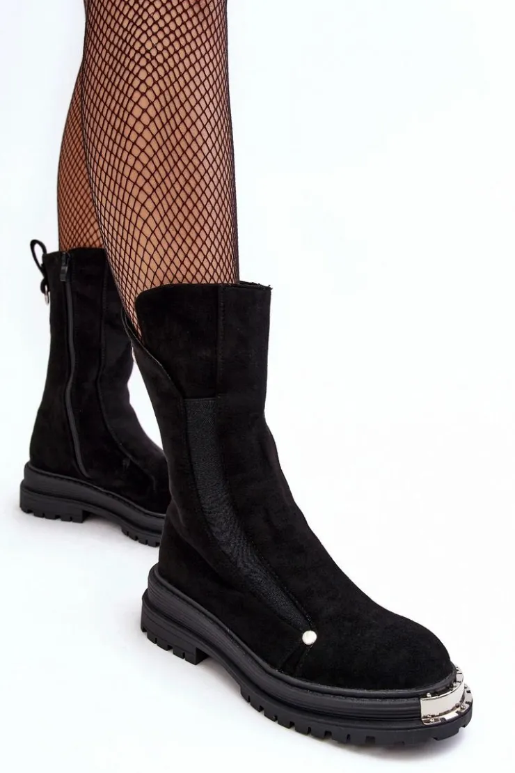 Damskie Boto Zamszowe Ocieplane Botki Na Płaskim Obcasie Czarne Palimra