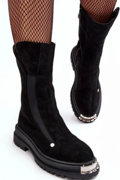 Damskie Boto Zamszowe Ocieplane Botki Na Płaskim Obcasie Czarne Palimra