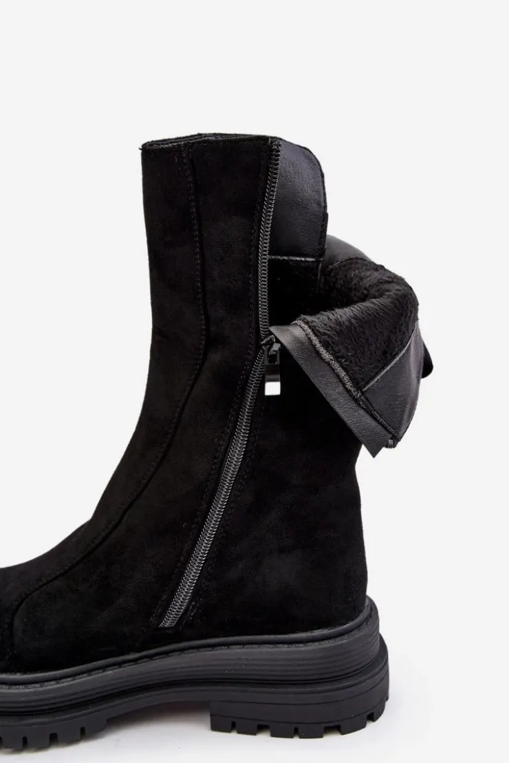 Damskie Boto Zamszowe Ocieplane Botki Na Płaskim Obcasie Czarne Palimra