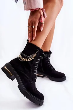 Damskie Boto Zamszowe Ocieplane Botki Z Łańcuchem Czarne Sorita