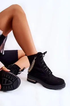 Damskie Boto Zamszowe Ocieplane Botki Z Łańcuchem Czarne Sorita