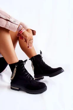 Damskie Boto Zamszowe Ocieplane Botki Z Łańcuchem Czarne Sorita