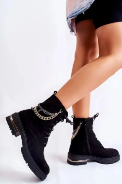 Damskie Boto Zamszowe Ocieplane Botki Z Łańcuchem Czarne Sorita
