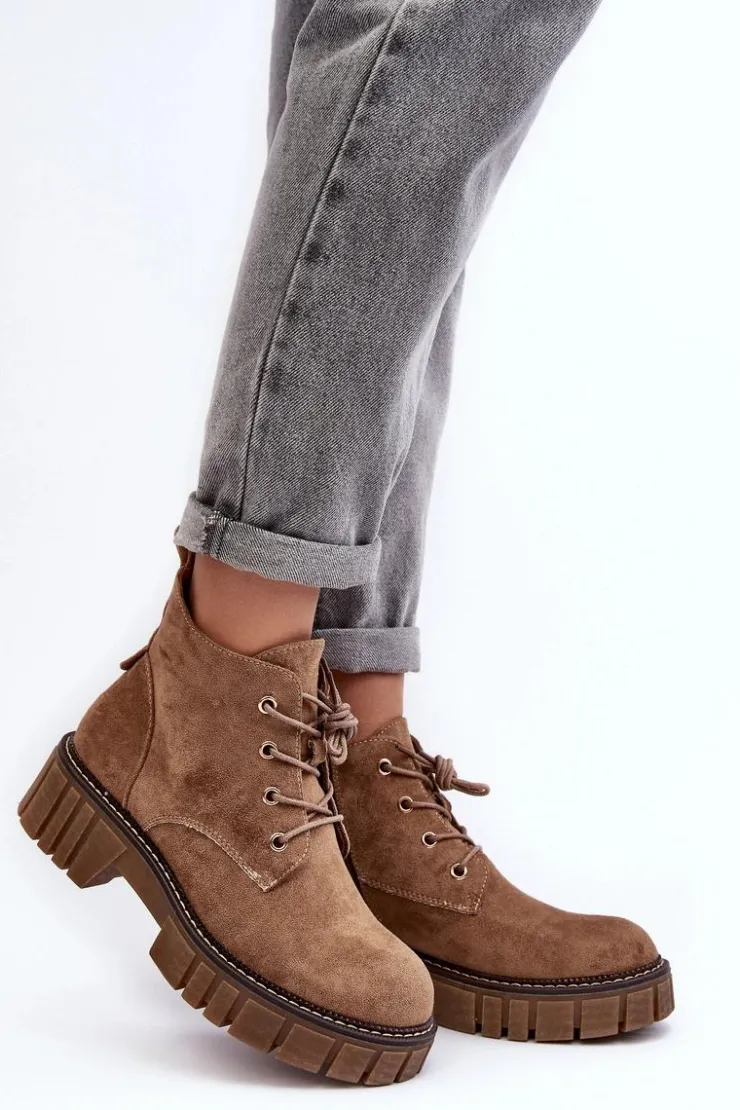 Outlet Buty Sergio Leone Zamszowe Ocieplane Botki Sznurowane Ciemnobeżowe Bjorg