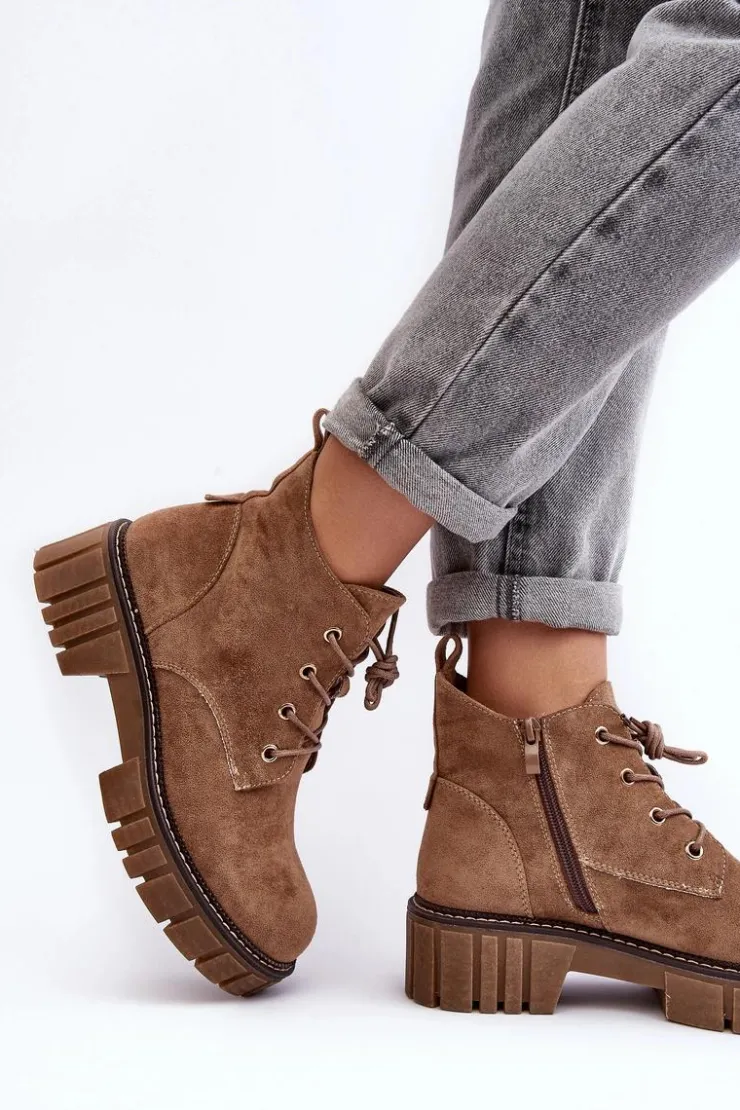 Outlet Buty Sergio Leone Zamszowe Ocieplane Botki Sznurowane Ciemnobeżowe Bjorg