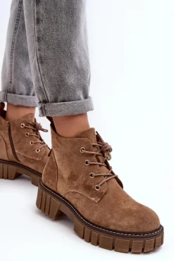 Outlet Buty Sergio Leone Zamszowe Ocieplane Botki Sznurowane Ciemnobeżowe Bjorg