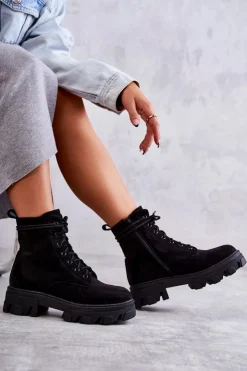 Damskie Boto Zamszowe Ocieplane Botki Workery Czarne Darvin