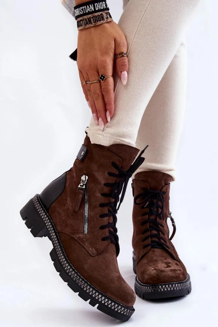 Laura Messi Botki Skórzane|Botki Sznurowane*Zamszowe Ocieplane Botki 2508 Brązowe