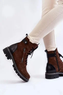 Laura Messi Botki Skórzane|Botki Sznurowane*Zamszowe Ocieplane Botki 2508 Brązowe