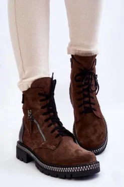 Laura Messi Botki Skórzane|Botki Sznurowane*Zamszowe Ocieplane Botki 2508 Brązowe