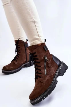 Laura Messi Botki Skórzane|Botki Sznurowane*Zamszowe Ocieplane Botki 2508 Brązowe