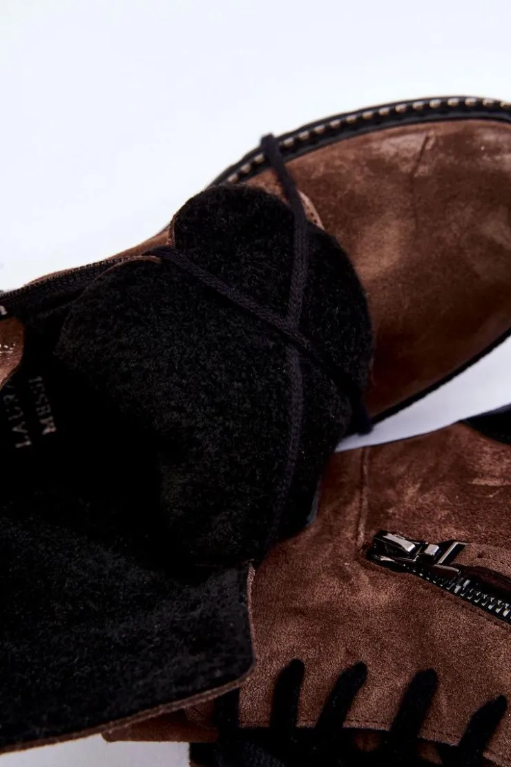 Laura Messi Botki Skórzane|Botki Sznurowane*Zamszowe Ocieplane Botki 2508 Brązowe