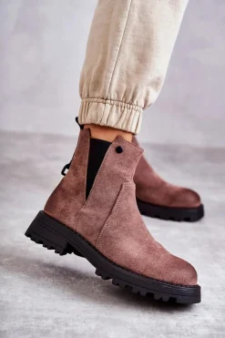 Discount Boto Zamszowe Ocieplane Botki Workery Na Płaskim Obcasie Jasnobrązowe Salome