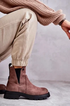 Discount Boto Zamszowe Ocieplane Botki Workery Na Płaskim Obcasie Jasnobrązowe Salome
