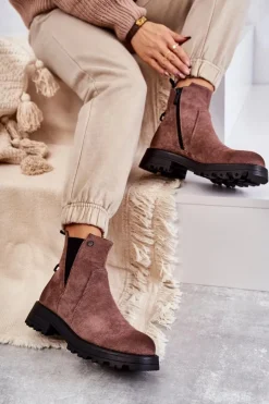 Discount Boto Zamszowe Ocieplane Botki Workery Na Płaskim Obcasie Jasnobrązowe Salome