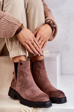 Discount Boto Zamszowe Ocieplane Botki Workery Na Płaskim Obcasie Jasnobrązowe Salome