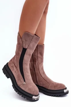 Damskie Boto Zamszowe Ocieplane Botki Na Płaskim Obcasie Ciemnobeżowe Palimra