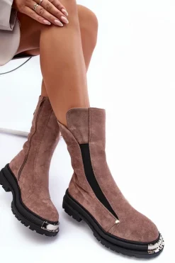 Damskie Boto Zamszowe Ocieplane Botki Na Płaskim Obcasie Ciemnobeżowe Palimra