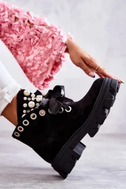 Damskie Boto Zamszowe Ocieplane Botki Z Perłami Czarne Roco