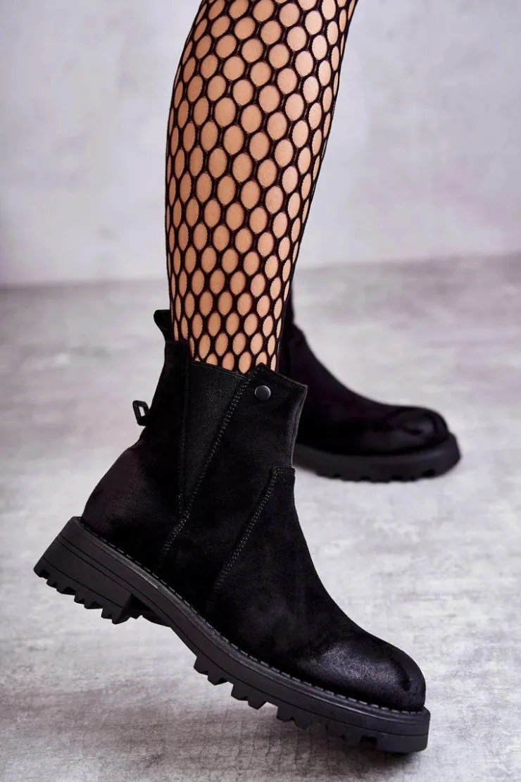 Boto Czarne Botki|Botki Zimowe Damskie*Zamszowe Ocieplane Botki Workery Na Płaskim Obcasie Czarne Salome