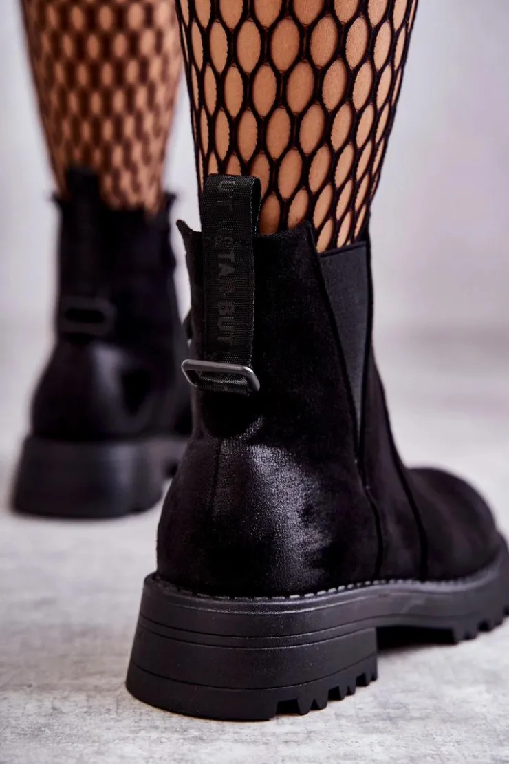 Boto Czarne Botki|Botki Zimowe Damskie*Zamszowe Ocieplane Botki Workery Na Płaskim Obcasie Czarne Salome