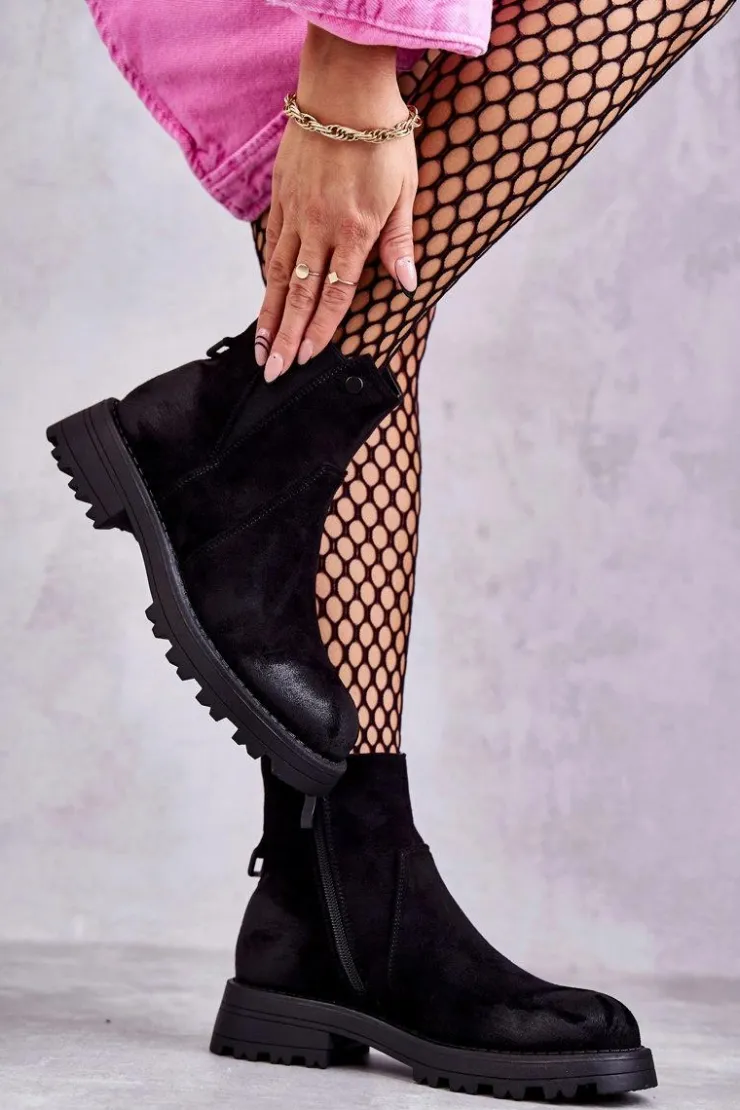 Boto Czarne Botki|Botki Zimowe Damskie*Zamszowe Ocieplane Botki Workery Na Płaskim Obcasie Czarne Salome