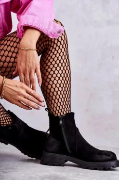 Boto Czarne Botki|Botki Zimowe Damskie*Zamszowe Ocieplane Botki Workery Na Płaskim Obcasie Czarne Salome